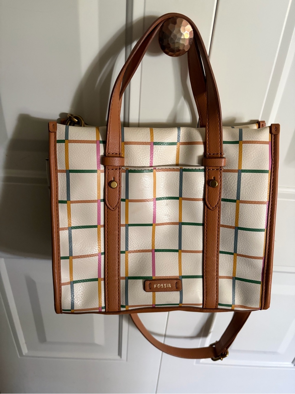Fossil Cream Plaid bucket bag with Tan Trim